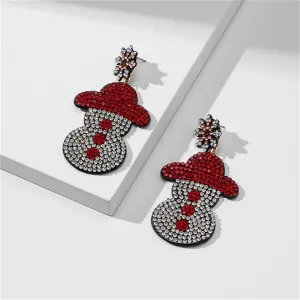 Clear & Red Cubic Zirconia Snowman Drop Earrings