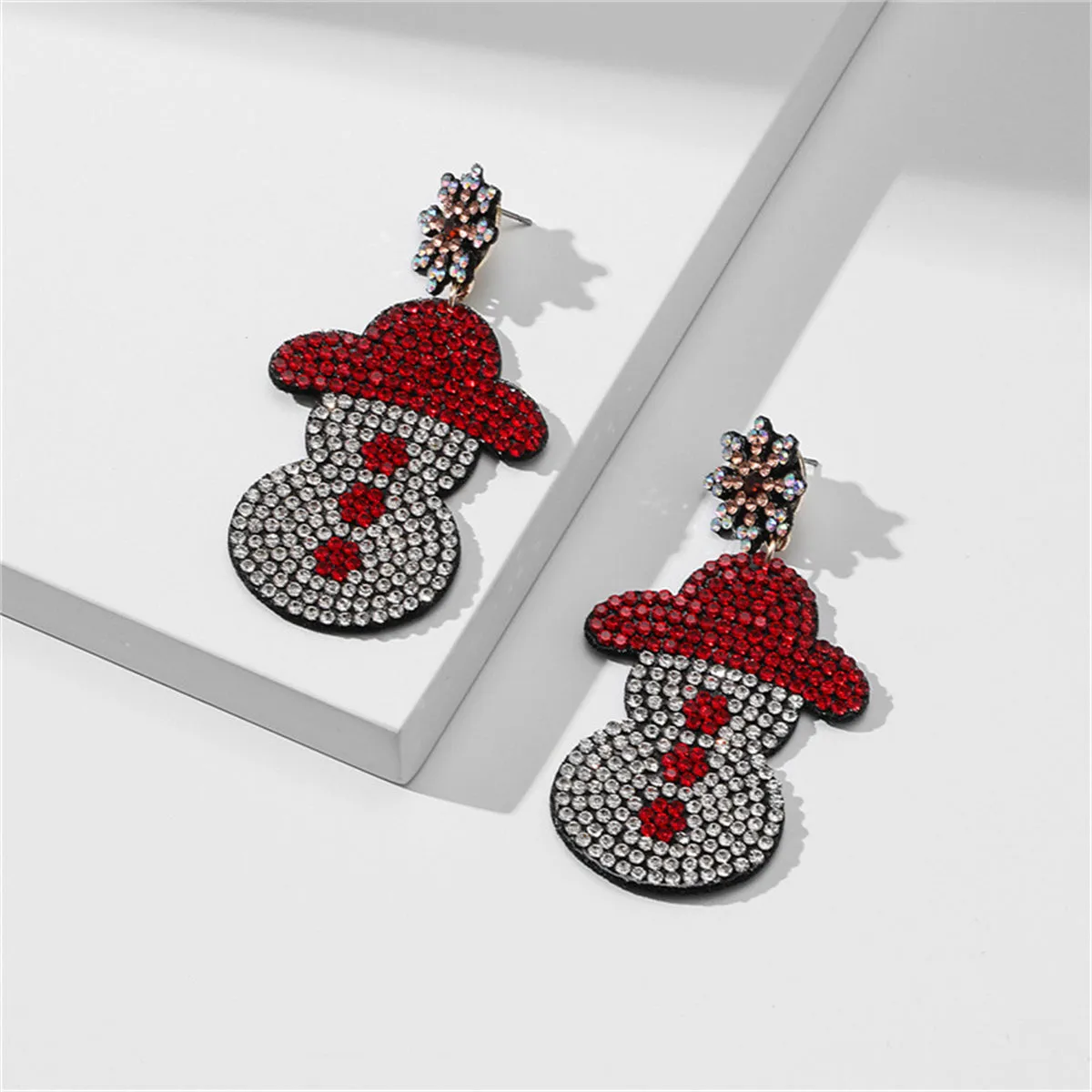 Clear & Red Cubic Zirconia Snowman Drop Earrings