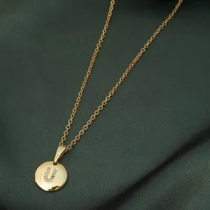 Crystal Studded Alphabet U Gold Coin Necklace