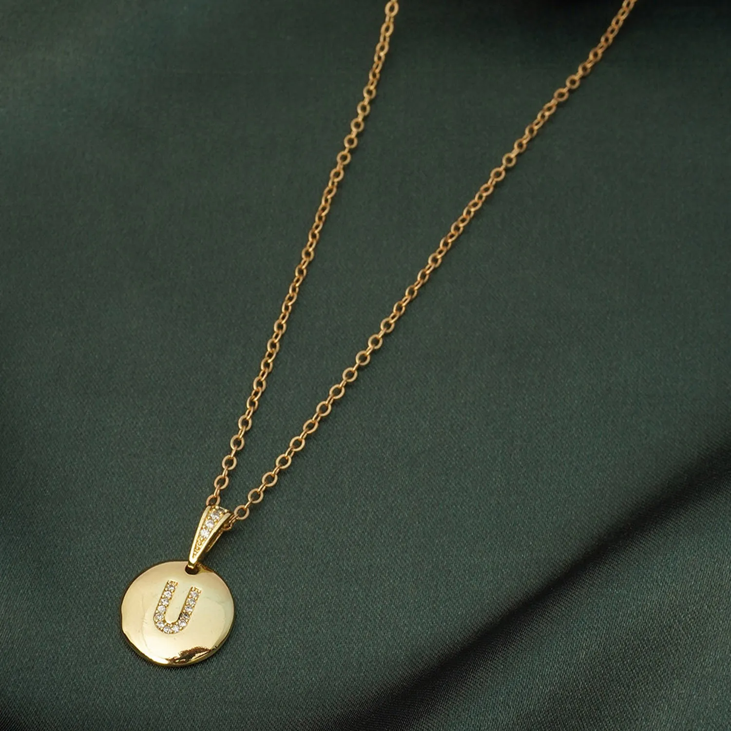 Crystal Studded Alphabet U Gold Coin Necklace