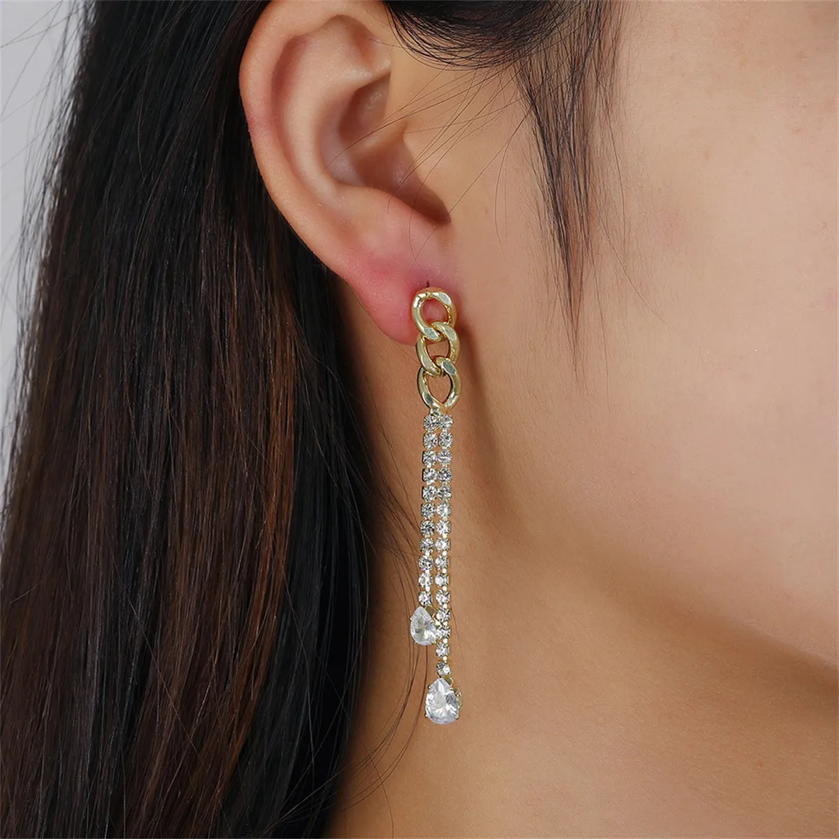 Cubic Zirconia & Crystal 18K Gold-Plated Chain Tassel Drop Earrings