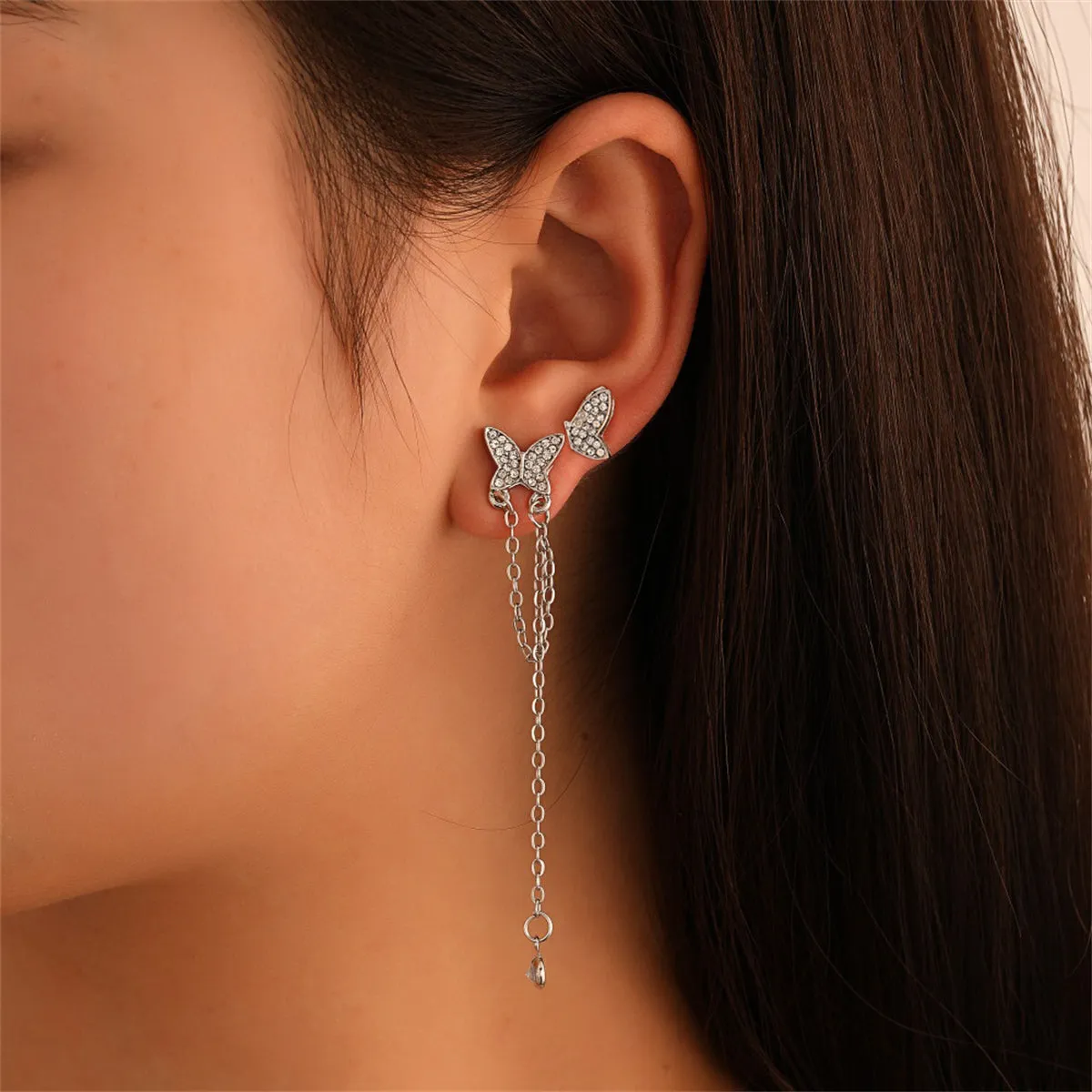 Cubic Zirconia & Silver-Plated Asymmetric Butterfly Earrings