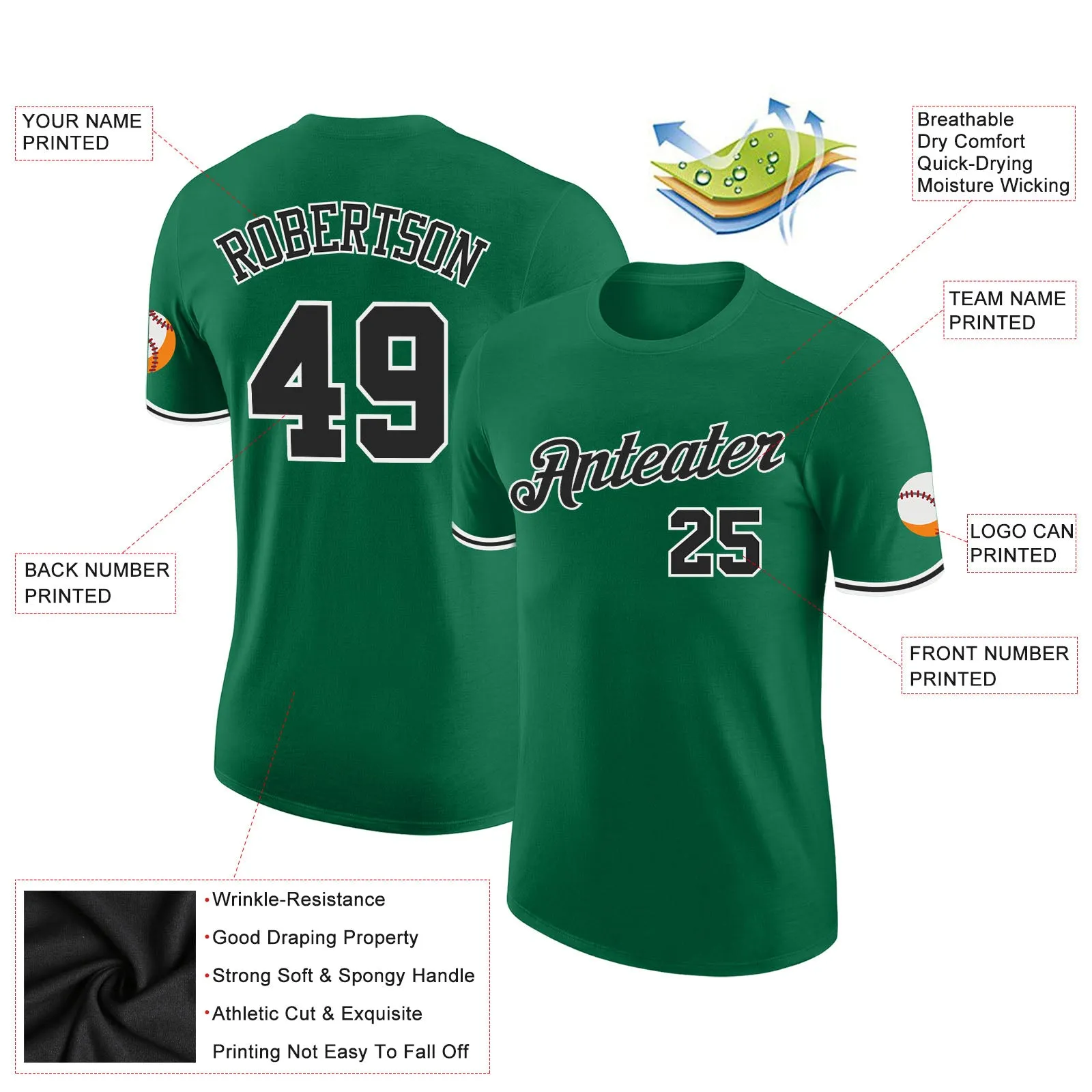 Custom Kelly Green Black-White Performance T-Shirt