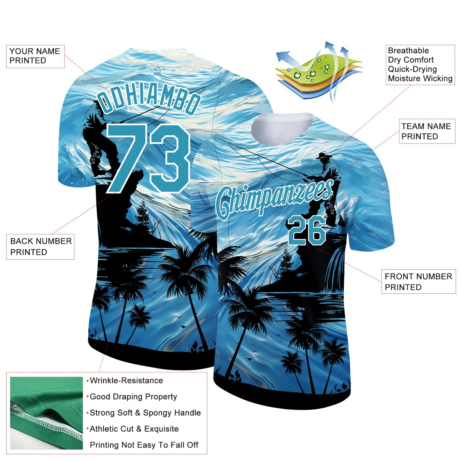 Custom Powder Blue Panther Blue-White 3D Pattern Design Fishing Performance T-Shirt