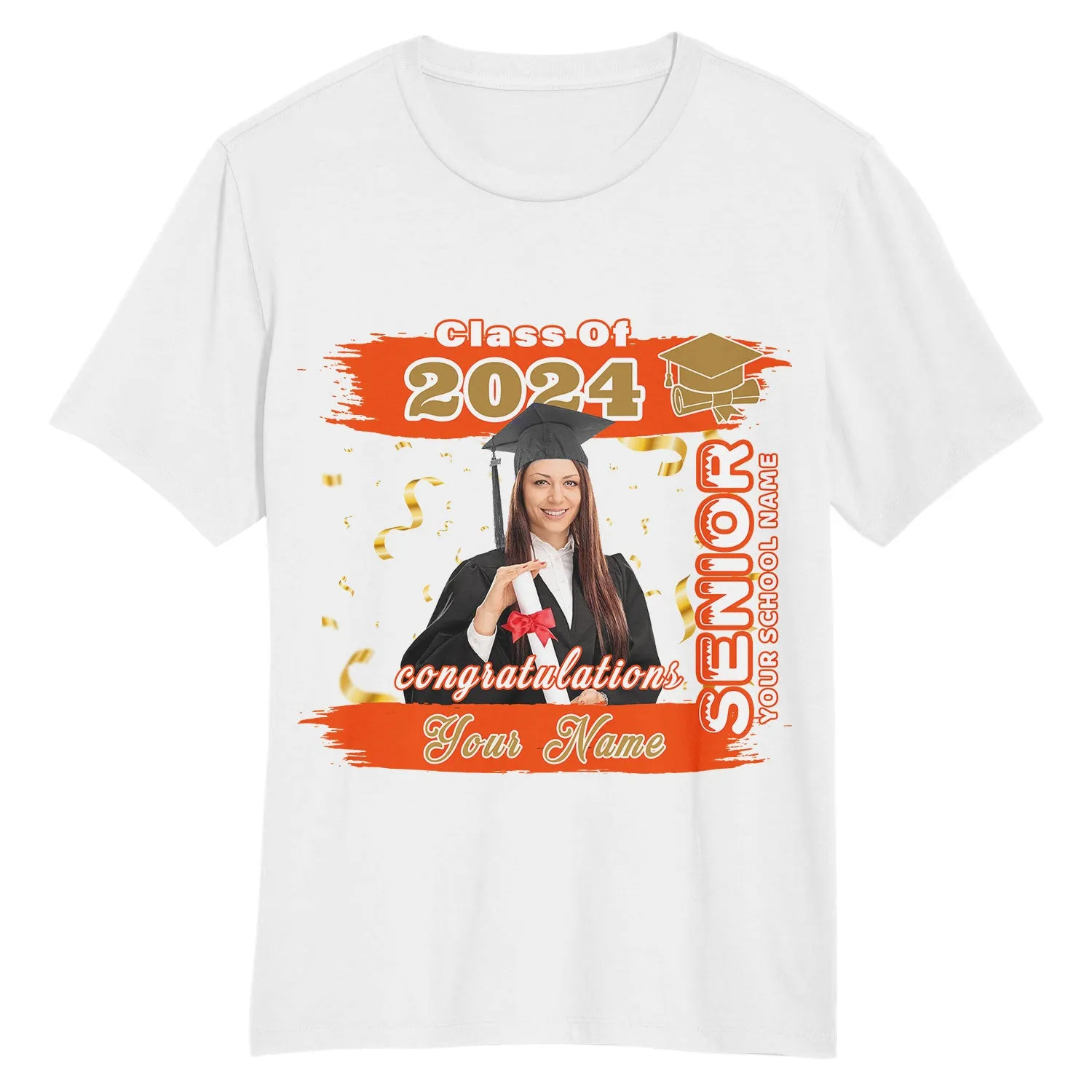 Custom White Orange-Old Gold 3D Graduation Performance T-Shirt