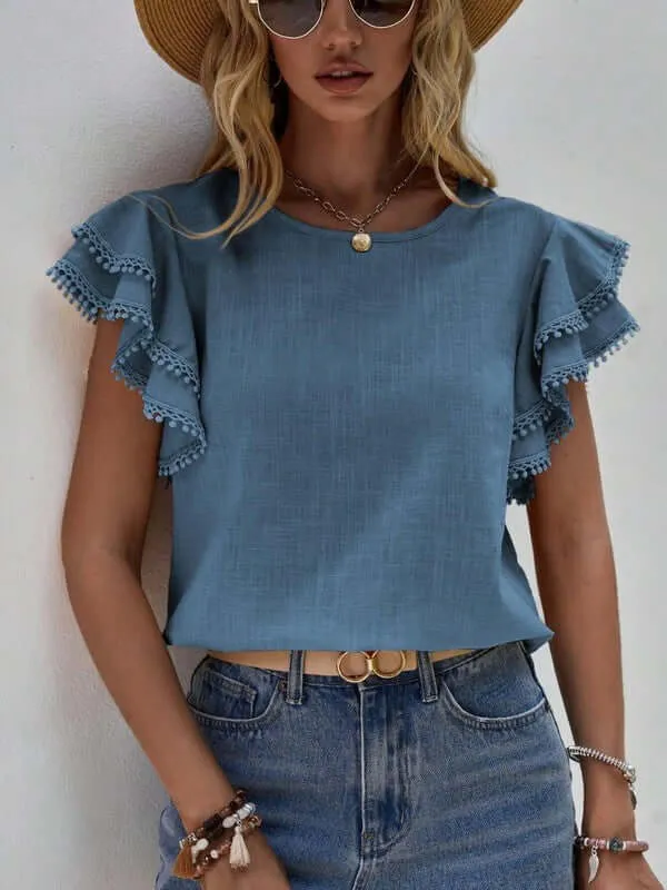 Denise Ruffle Cap Sleeve Top in Dusty Blue or Khaki