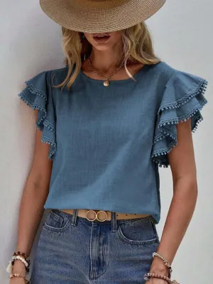 Denise Ruffle Cap Sleeve Top in Dusty Blue or Khaki
