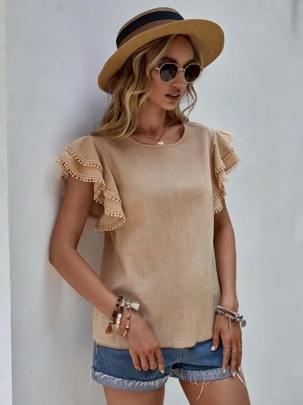 Denise Ruffle Cap Sleeve Top in Dusty Blue or Khaki