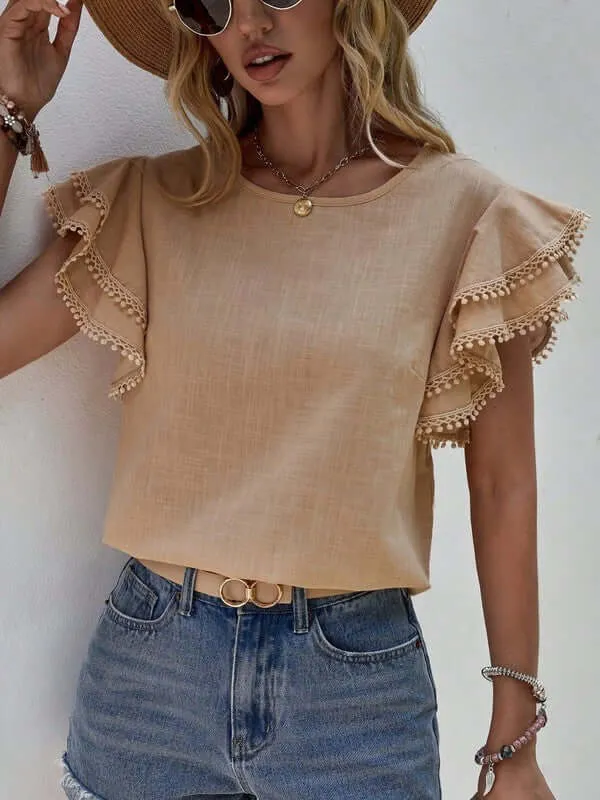 Denise Ruffle Cap Sleeve Top in Dusty Blue or Khaki