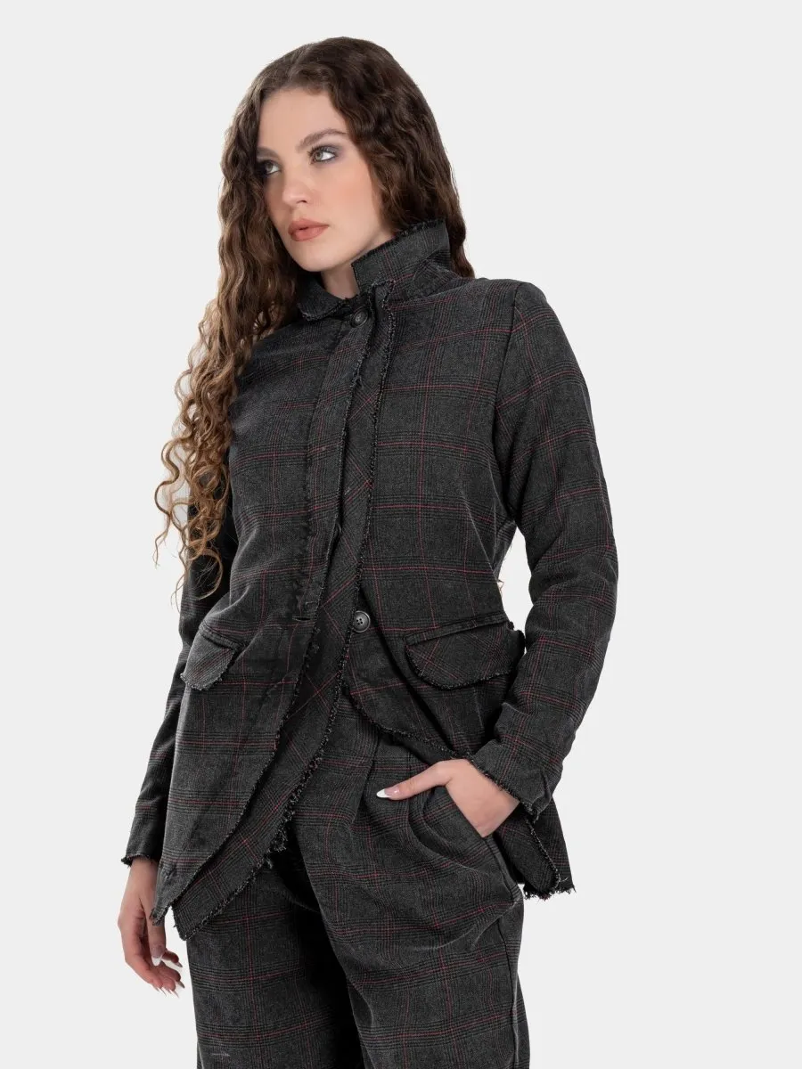 Double Placket Raw Edge Plaid Jacket