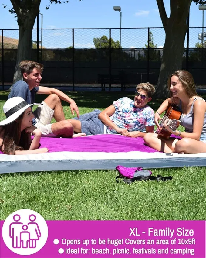 ECCOSOPHY Sandproof Beach Blanket - Oversized Sand Free Beach Mat 9'x10' - Lightweight Outdoor Picnic Blanket Anchored with 4 Corner Sand Pockets & Plastic Stakes - Heat Proof, Quick Drying & Compact