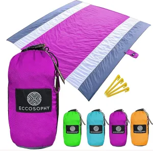 ECCOSOPHY Sandproof Beach Blanket - Oversized Sand Free Beach Mat 9'x10' - Lightweight Outdoor Picnic Blanket Anchored with 4 Corner Sand Pockets & Plastic Stakes - Heat Proof, Quick Drying & Compact