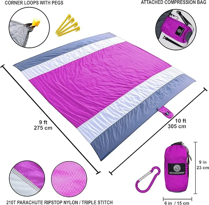 ECCOSOPHY Sandproof Beach Blanket - Oversized Sand Free Beach Mat 9'x10' - Lightweight Outdoor Picnic Blanket Anchored with 4 Corner Sand Pockets & Plastic Stakes - Heat Proof, Quick Drying & Compact