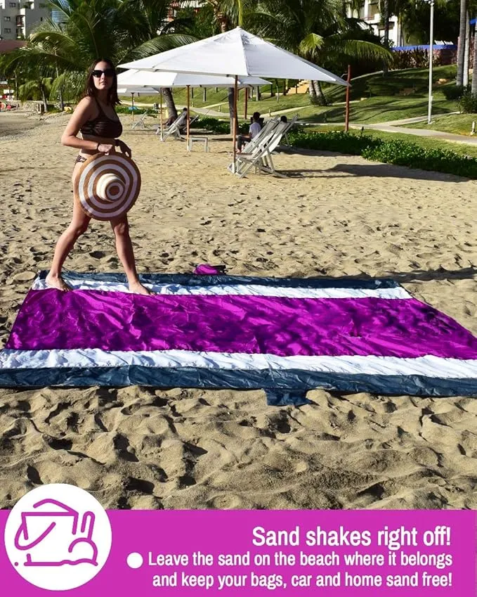 ECCOSOPHY Sandproof Beach Blanket - Oversized Sand Free Beach Mat 9'x10' - Lightweight Outdoor Picnic Blanket Anchored with 4 Corner Sand Pockets & Plastic Stakes - Heat Proof, Quick Drying & Compact