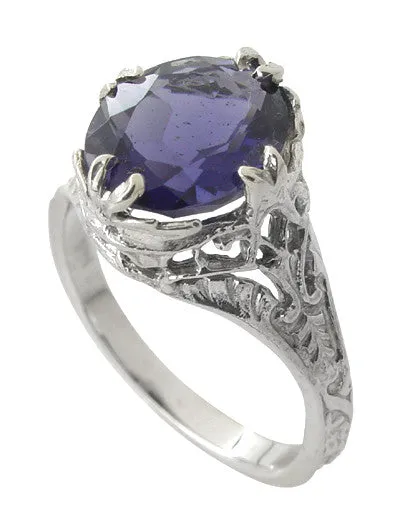 Edwardian Filigree Oval Violet Iolite Ring in 14 Karat White Gold