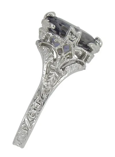 Edwardian Filigree Oval Violet Iolite Ring in 14 Karat White Gold
