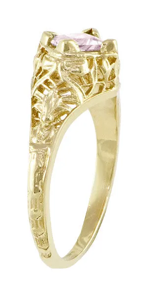Edwardian Filigree Princess Cut Morganite Engagement Ring in 14K Yellow Gold