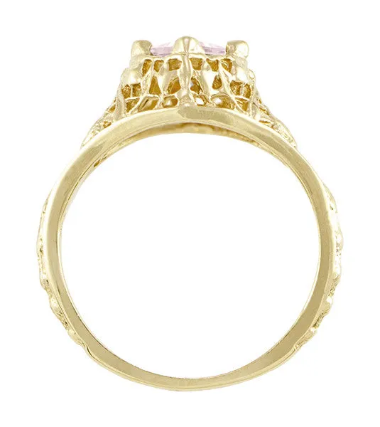 Edwardian Filigree Princess Cut Morganite Engagement Ring in 14K Yellow Gold