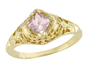 Edwardian Filigree Princess Cut Morganite Engagement Ring in 14K Yellow Gold