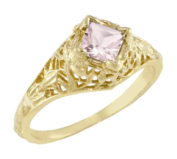 Edwardian Filigree Princess Cut Morganite Engagement Ring in 14K Yellow Gold