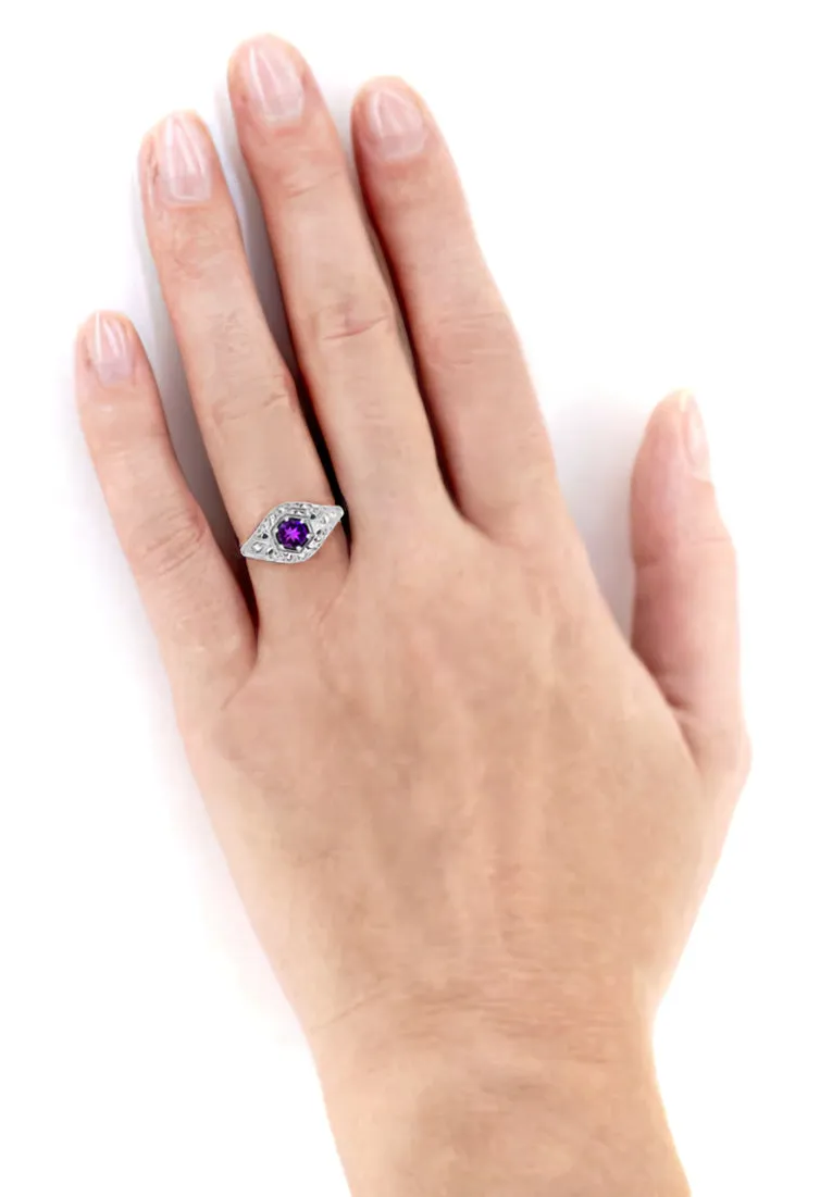 Edwardian Filigree Scroll Dome Antique Style Platinum Amethyst Engagement Ring with Side Diamonds