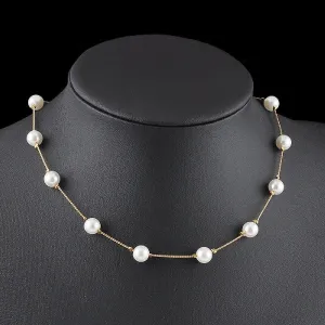 Elegant Round Pearl Gold Choker Stainless Steel Necklace Chain For Women