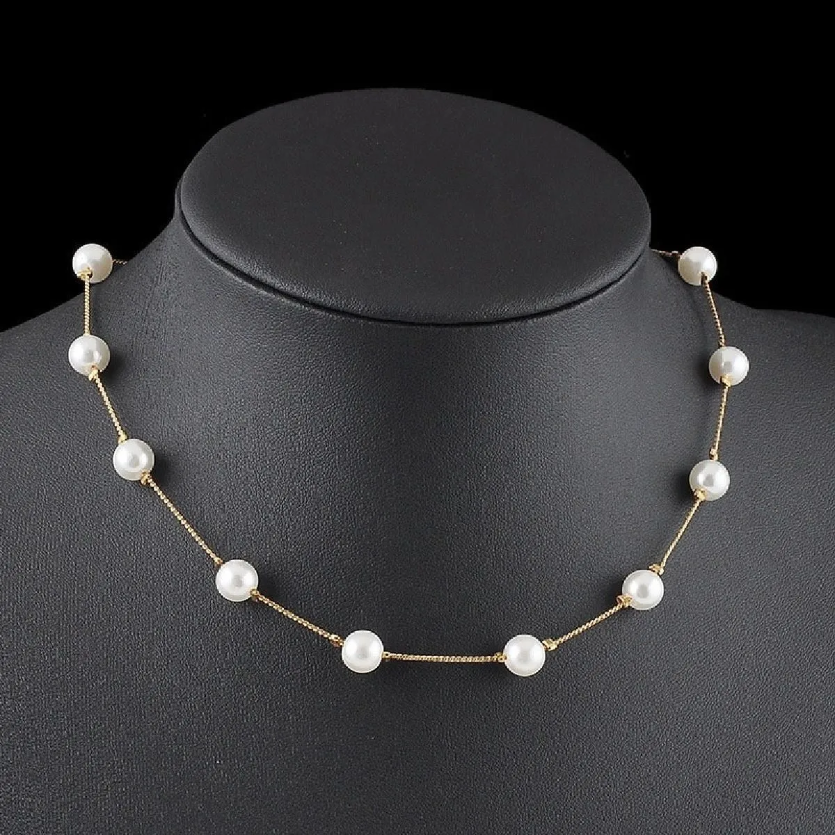 Elegant Round Pearl Gold Choker Stainless Steel Necklace Chain For Women