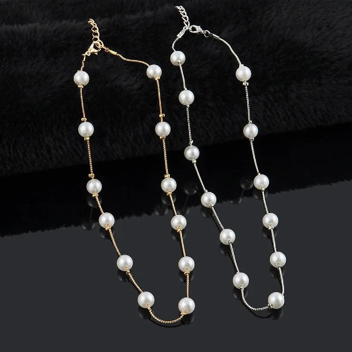 Elegant Round Pearl Gold Choker Stainless Steel Necklace Chain For Women