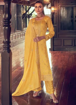Elegant Yellow Embroidered Straight Pant Suit