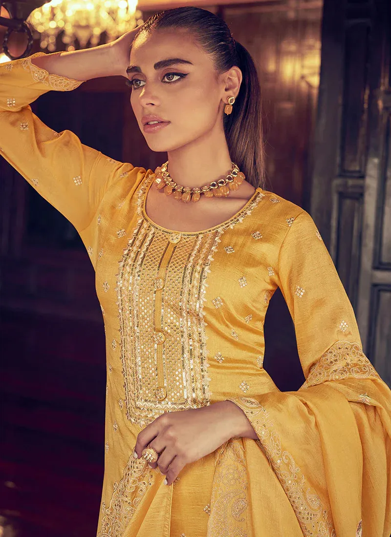 Elegant Yellow Embroidered Straight Pant Suit