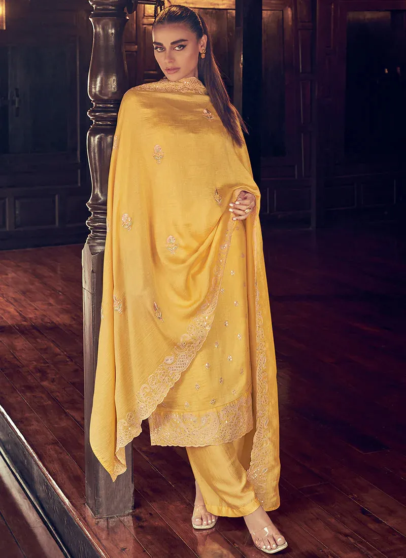 Elegant Yellow Embroidered Straight Pant Suit