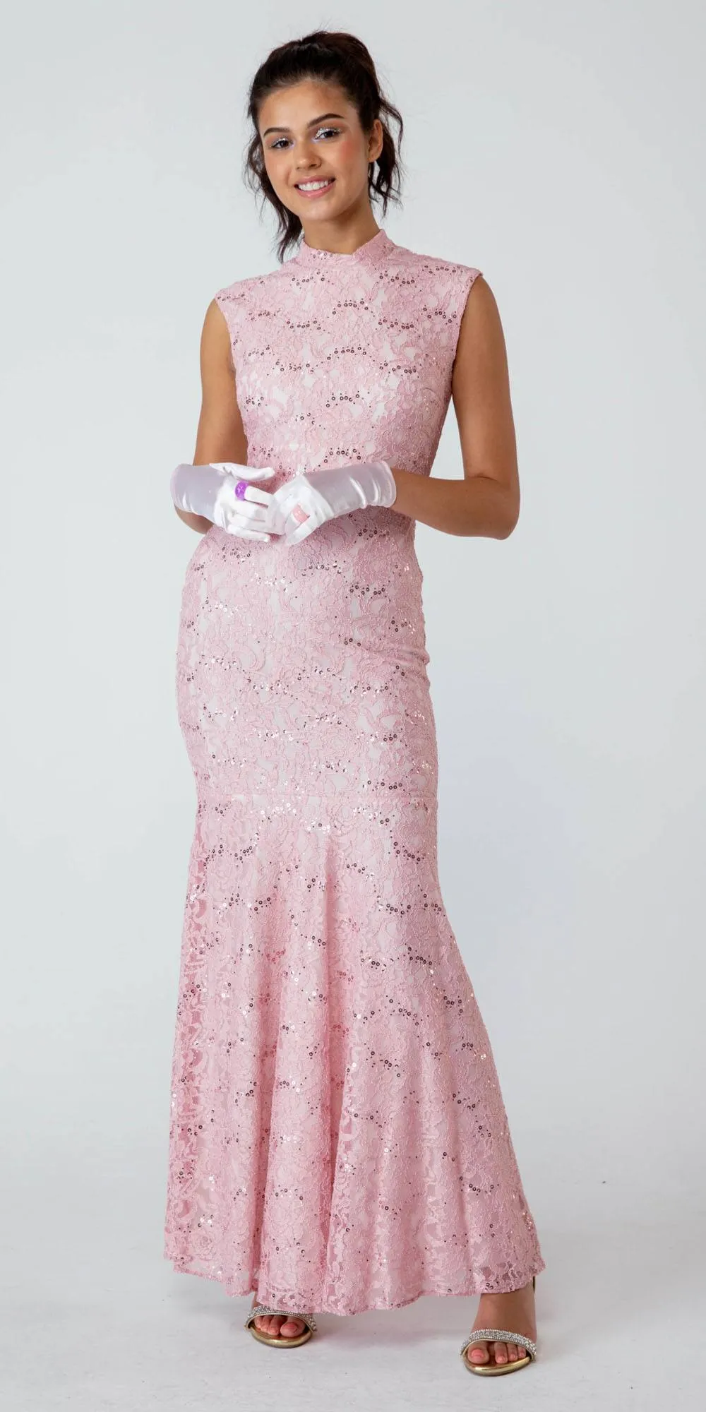 Eureka 2061 Cap Sleeve Lace Sheath Mermaid Dress High Neck