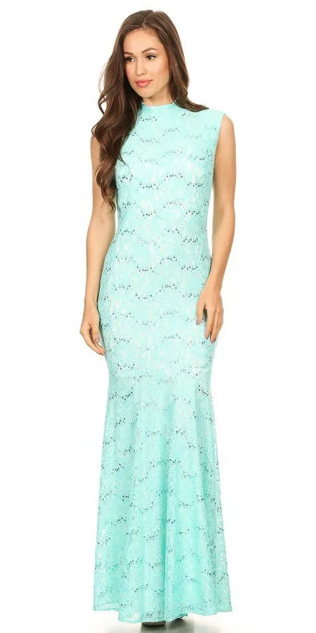 Eureka 2061 Cap Sleeve Lace Sheath Mermaid Dress High Neck