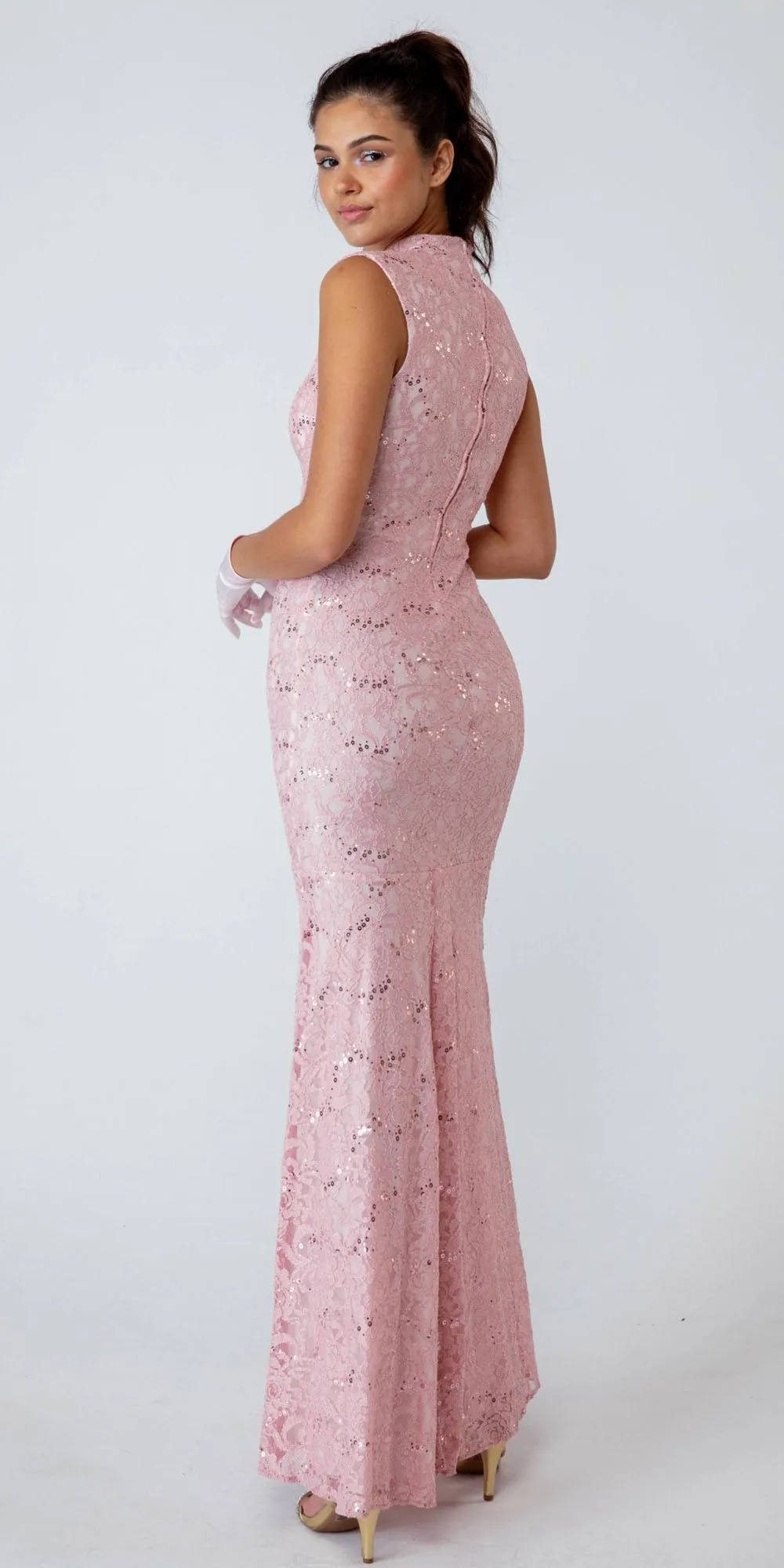 Eureka 2061 Cap Sleeve Lace Sheath Mermaid Dress High Neck