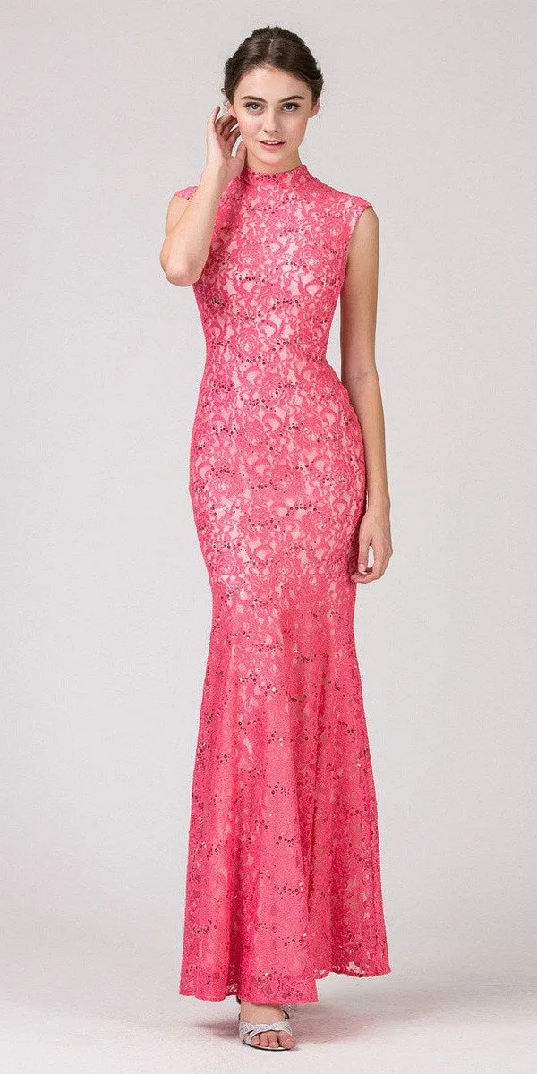 Eureka 2061 Cap Sleeve Lace Sheath Mermaid Dress High Neck