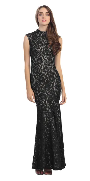 Eureka 2061 Cap Sleeve Lace Sheath Mermaid Dress High Neck