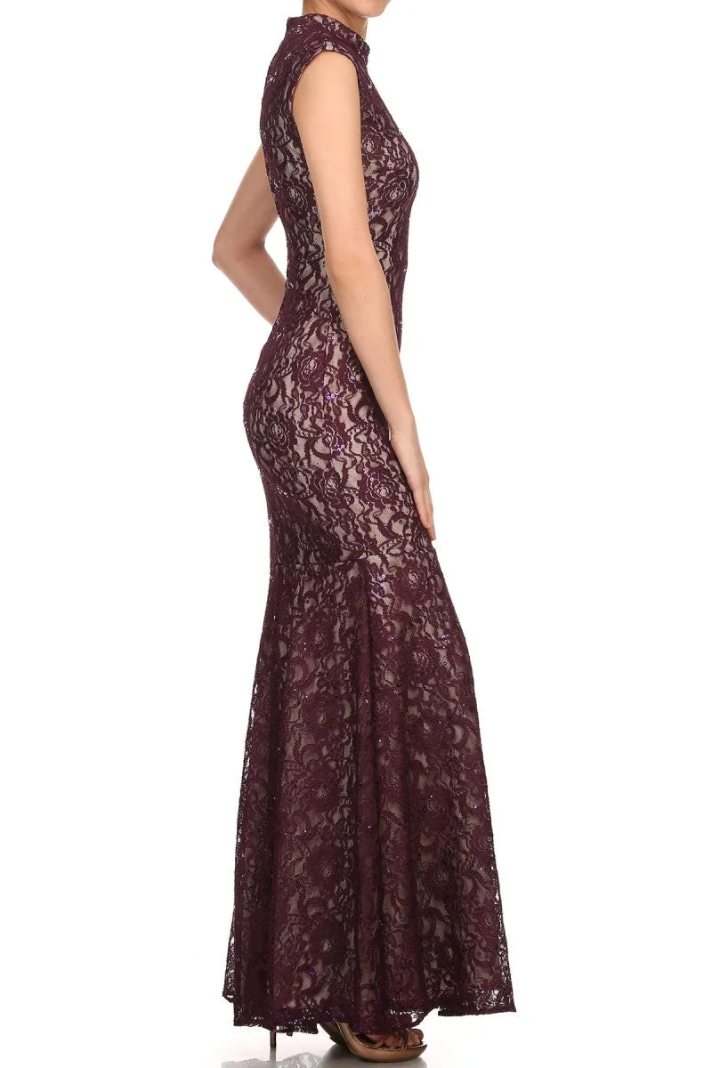 Eureka 2061 Cap Sleeve Lace Sheath Mermaid Dress High Neck