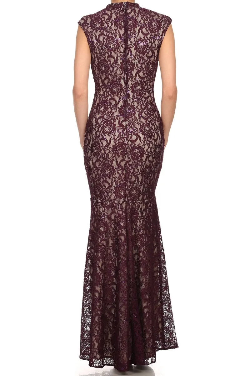 Eureka 2061 Cap Sleeve Lace Sheath Mermaid Dress High Neck