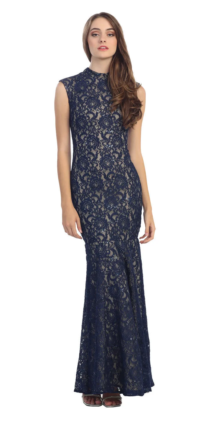 Eureka 2061 Cap Sleeve Lace Sheath Mermaid Dress High Neck