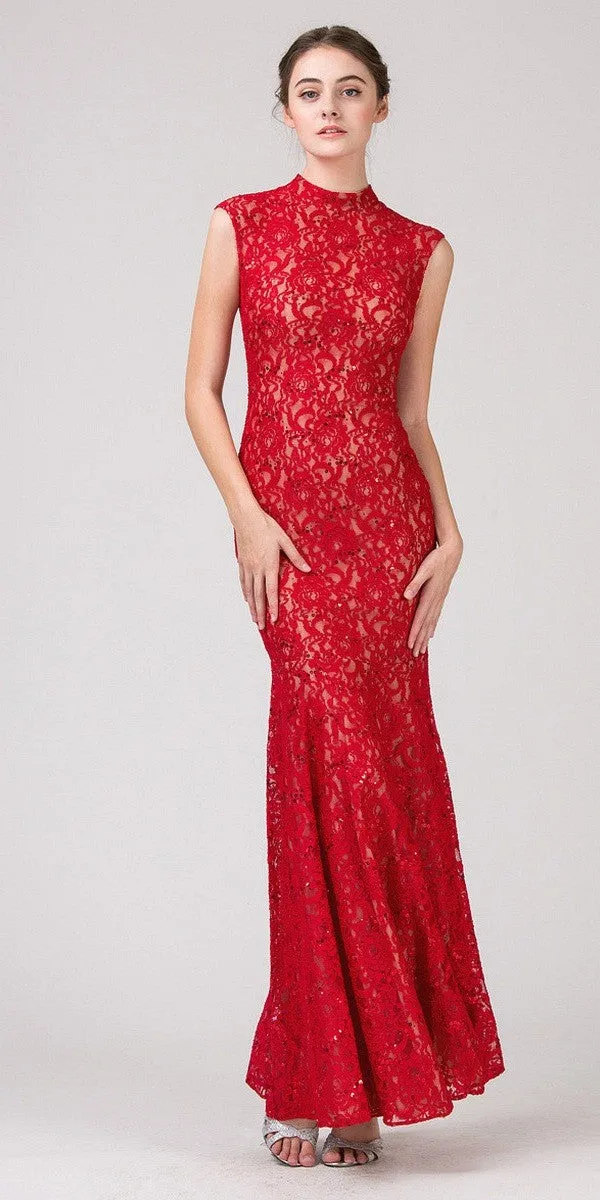 Eureka 2061 Cap Sleeve Lace Sheath Mermaid Dress High Neck