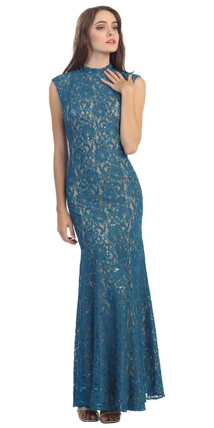 Eureka 2061 Cap Sleeve Lace Sheath Mermaid Dress High Neck