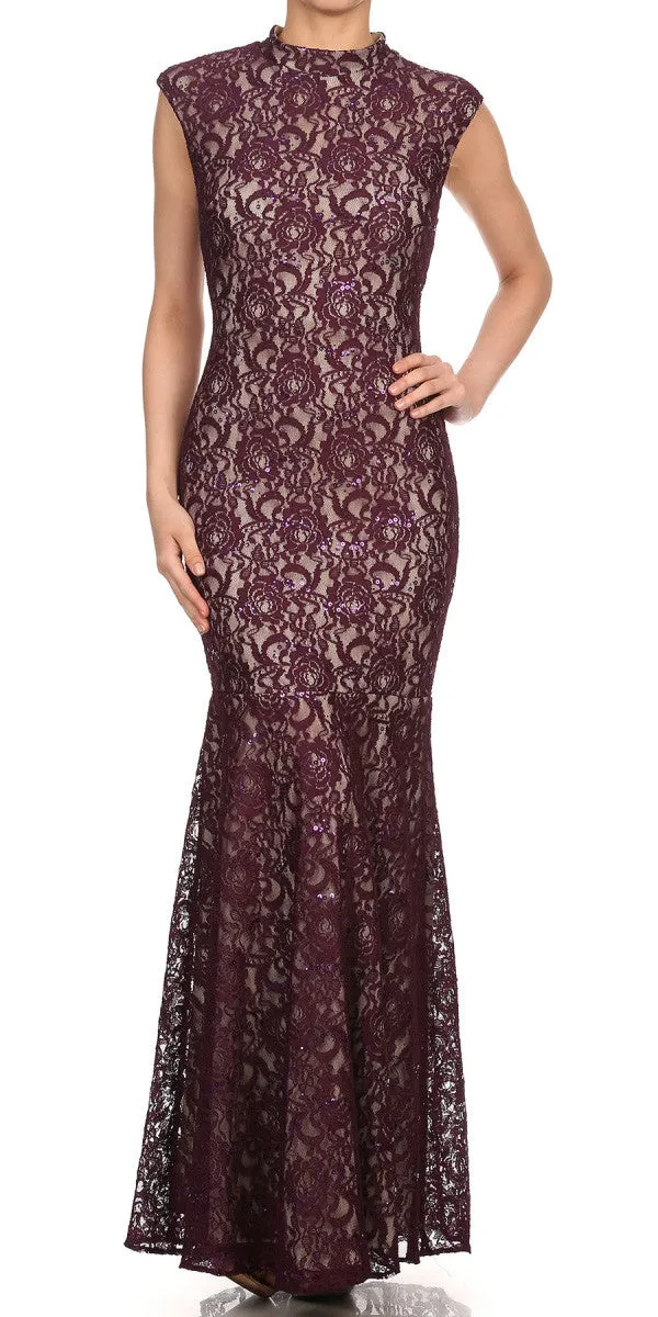 Eureka 2061 Cap Sleeve Lace Sheath Mermaid Dress High Neck