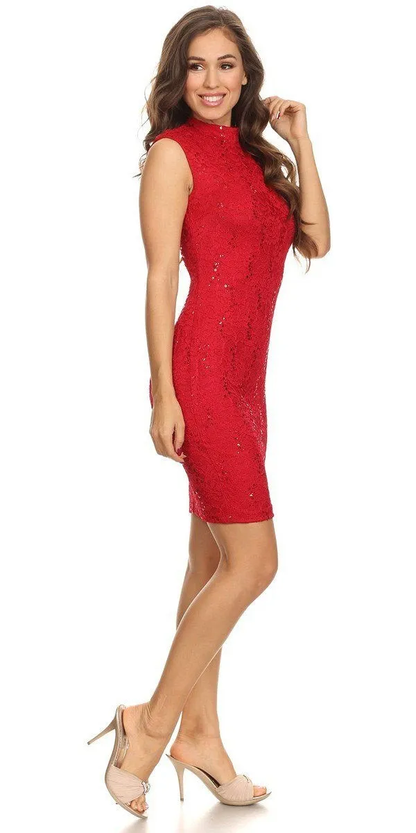 Eureka 2071 Lace Close Neck Sleeveless Bodycon Short Party Dress