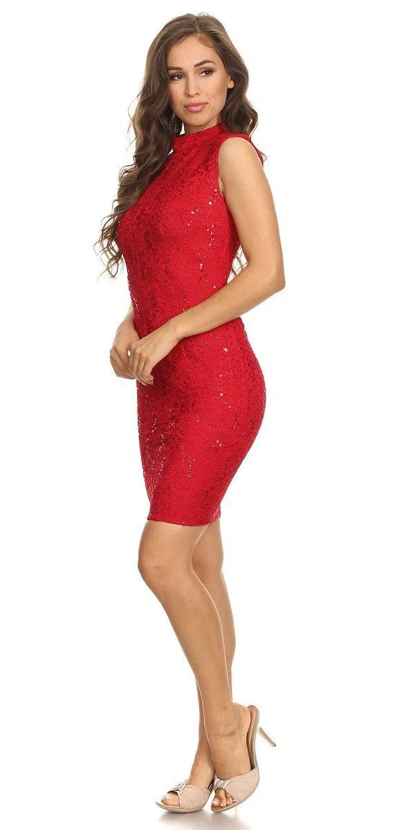 Eureka 2071 Lace Close Neck Sleeveless Bodycon Short Party Dress