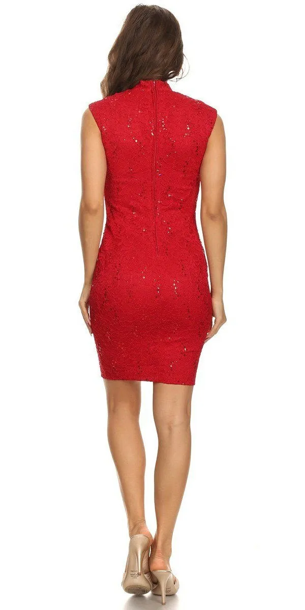 Eureka 2071 Lace Close Neck Sleeveless Bodycon Short Party Dress