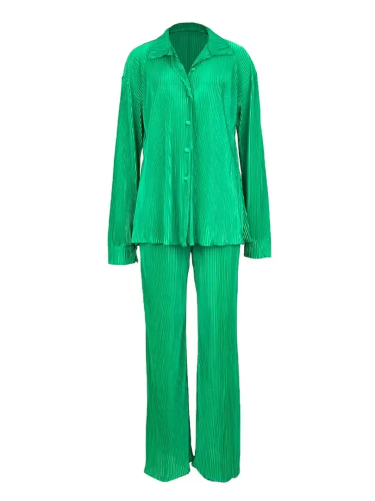 Fashion Pleated Women's Set Long Sleeve Oversized Shirt and Wide Leg Pants Elegant Tracksuit Two 2 Piece Set Outfits