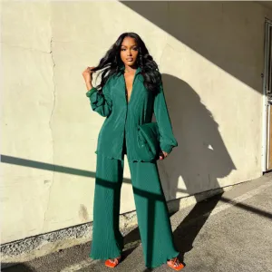 Fashion Pleated Women's Set Long Sleeve Oversized Shirt and Wide Leg Pants Elegant Tracksuit Two 2 Piece Set Outfits