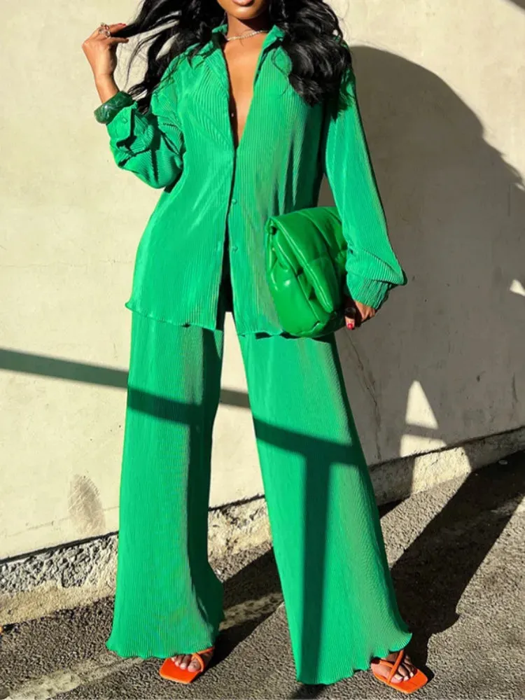 Fashion Pleated Women's Set Long Sleeve Oversized Shirt and Wide Leg Pants Elegant Tracksuit Two 2 Piece Set Outfits