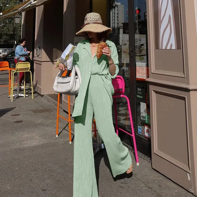 Fashion Pleated Women's Set Long Sleeve Oversized Shirt and Wide Leg Pants Elegant Tracksuit Two 2 Piece Set Outfits