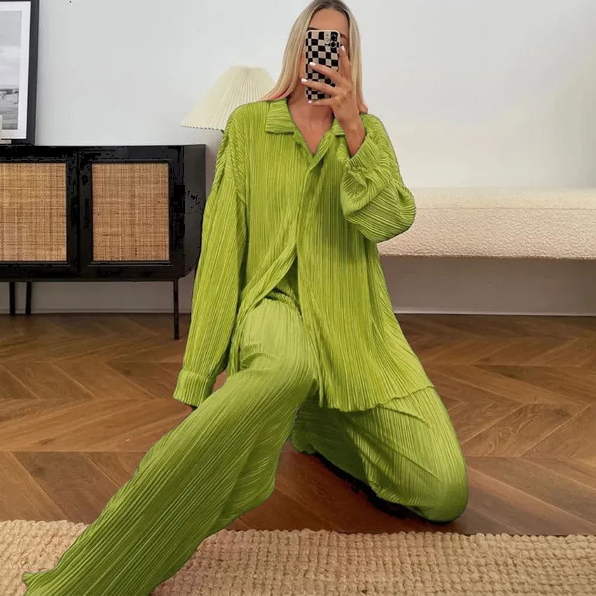 Fashion Pleated Women's Set Long Sleeve Oversized Shirt and Wide Leg Pants Elegant Tracksuit Two 2 Piece Set Outfits